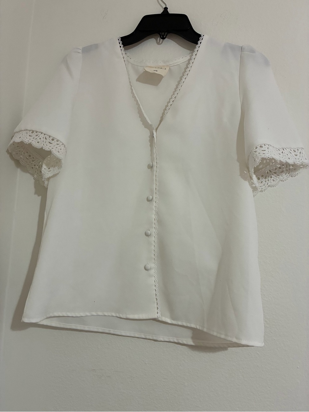 Lace-Trim V-Neck Button Front Blouse in White